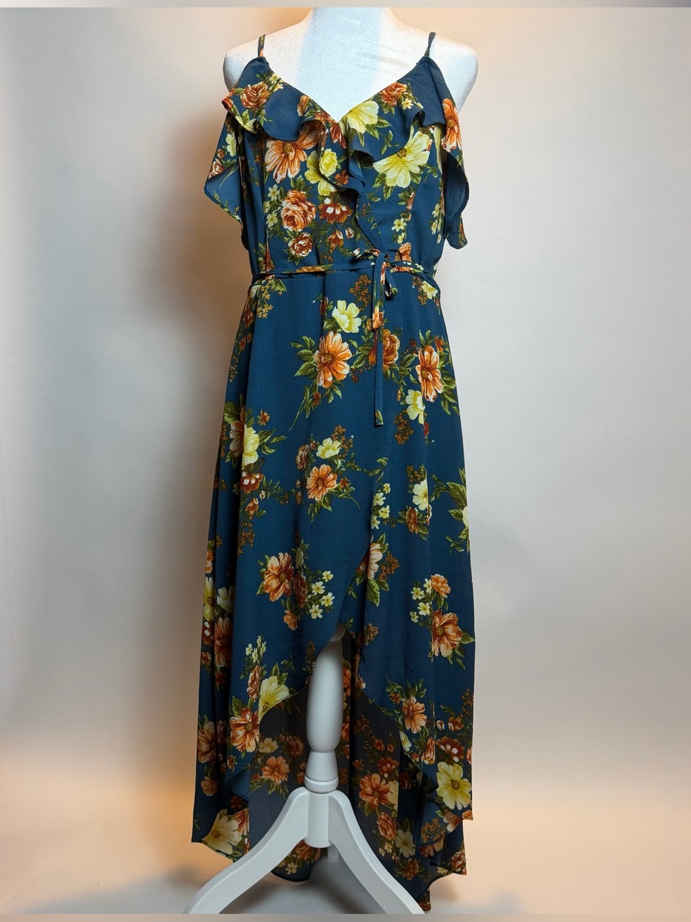 by & by Teal Floral High-Low Maxi Dress with Ruffle Neckline